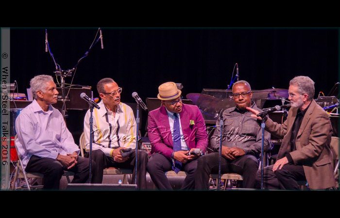 Panelists Frankie McIntosh, David “Happy” Williams, Étienne Charles, Garvin Blake, with host and moderator Ray Allen at Brooklyn College