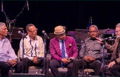 Panelists Frankie McIntosh, David “Happy” Williams, Étienne Charles, Garvin Blake, with host and moderator Ray Allen at Brooklyn College