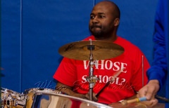 Musical director of Meyer Levin Steel Orchestra, Tichard Chapman, on drums with the band