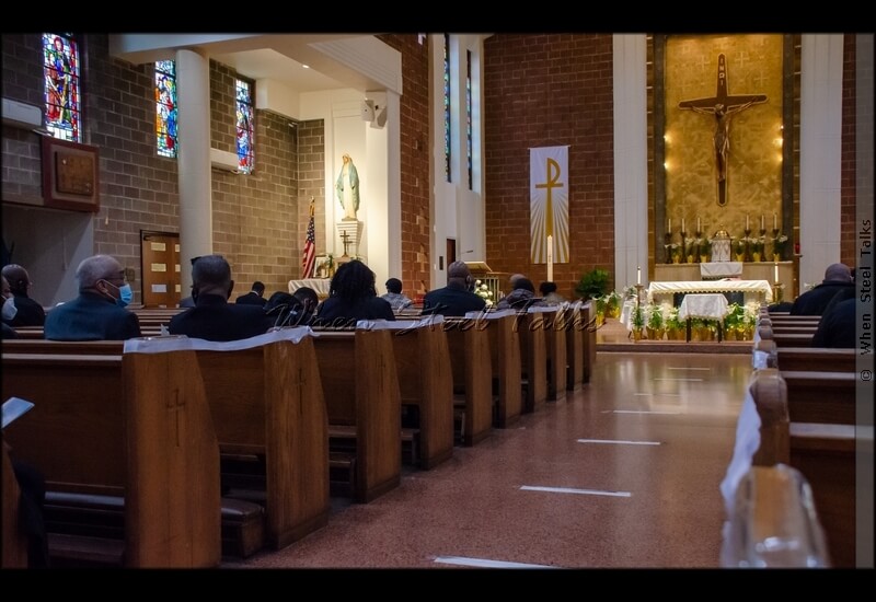 Attendees at the service celebrating the llife of Martin “Dougie” Douglas; alternate pews cordoned off in keeping with COVID-19 protocol