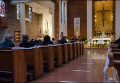 Attendees at the service celebrating the llife of Martin “Dougie” Douglas; alternate pews cordoned off in keeping with COVID-19 protocol