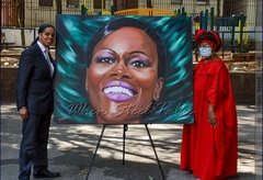 Artist J. Moses Harper (left) and her oil canvas painting of Cicely Tyson, with event co-founder Taina Traverso, right