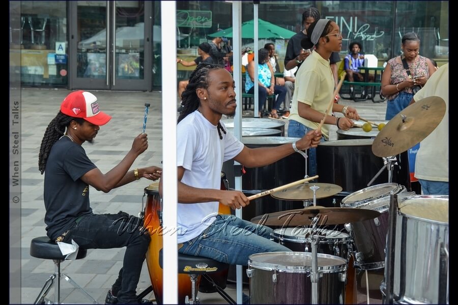 Damany James, founder of Eruption Steel Orchestra, and music educator and steelband director at Meyer Levin, School of the Performing Arts - on drums with his band at Counterpoint: Brooklyn Steel Pan Fête.