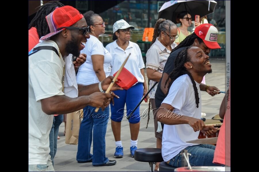 Damany James, founder of Eruption Steel Orchestra, and music educator and steelband director at Meyer Levin, School of the Performing Arts - on drums with his band at Counterpoint: Brooklyn Steel Pan Fête.