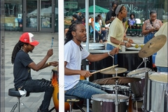 Damany James, founder of Eruption Steel Orchestra, and music educator and steelband director at Meyer Levin, School of the Performing Arts - on drums with his band at Counterpoint: Brooklyn Steel Pan Fête.