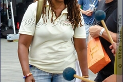 Eruption Steel Orchestra administration Charmine Durrell shares a light-hearted moment with event producer Adam Shore