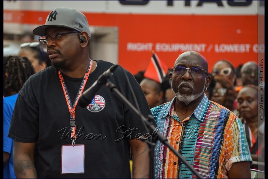 United States Steelband Association (USSA) presidents - past and present. At left - current president Charles Guy; at right, past president Keith Marcelle - at Pan In Times Square IV