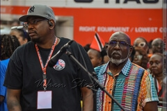 United States Steelband Association (USSA) presidents - past and present. At left - current president Charles Guy; at right, past president Keith Marcelle - at Pan In Times Square IV